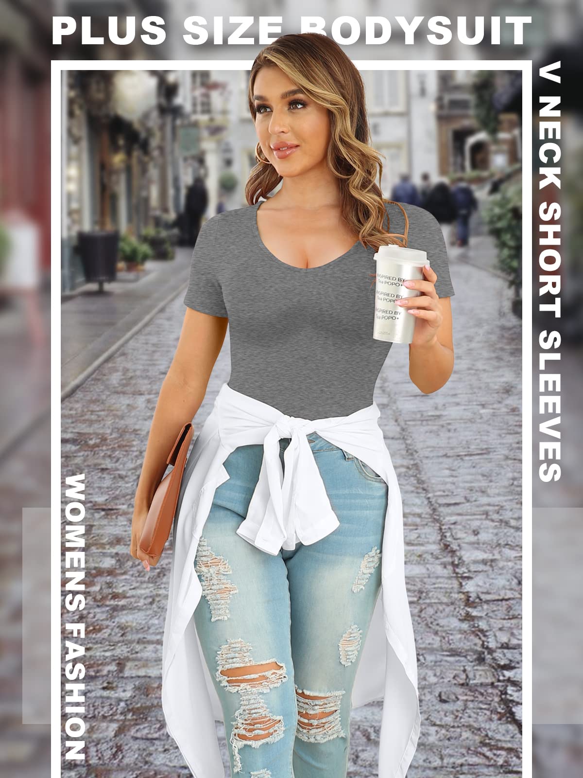 POSESHE Women's Plus Size Bodysuit V neck Short Sleeves Basic Bodysuit - POSESHE
