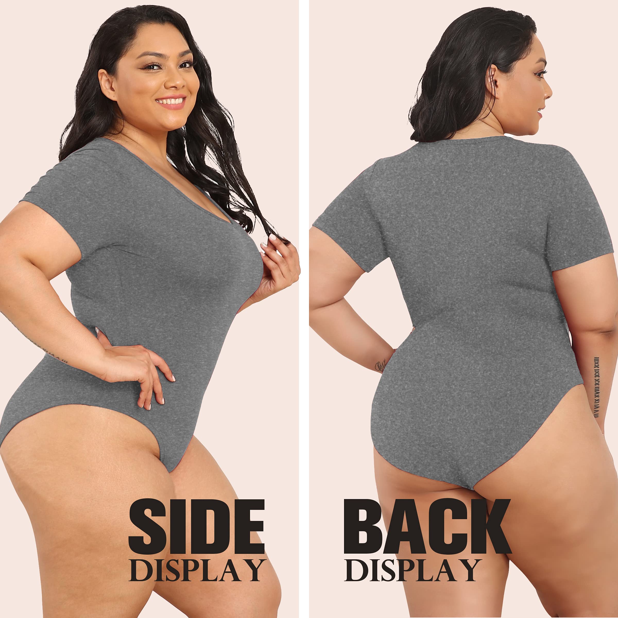 POSESHE Women's Plus Size Bodysuit V neck Short Sleeves Basic Bodysuit - POSESHE