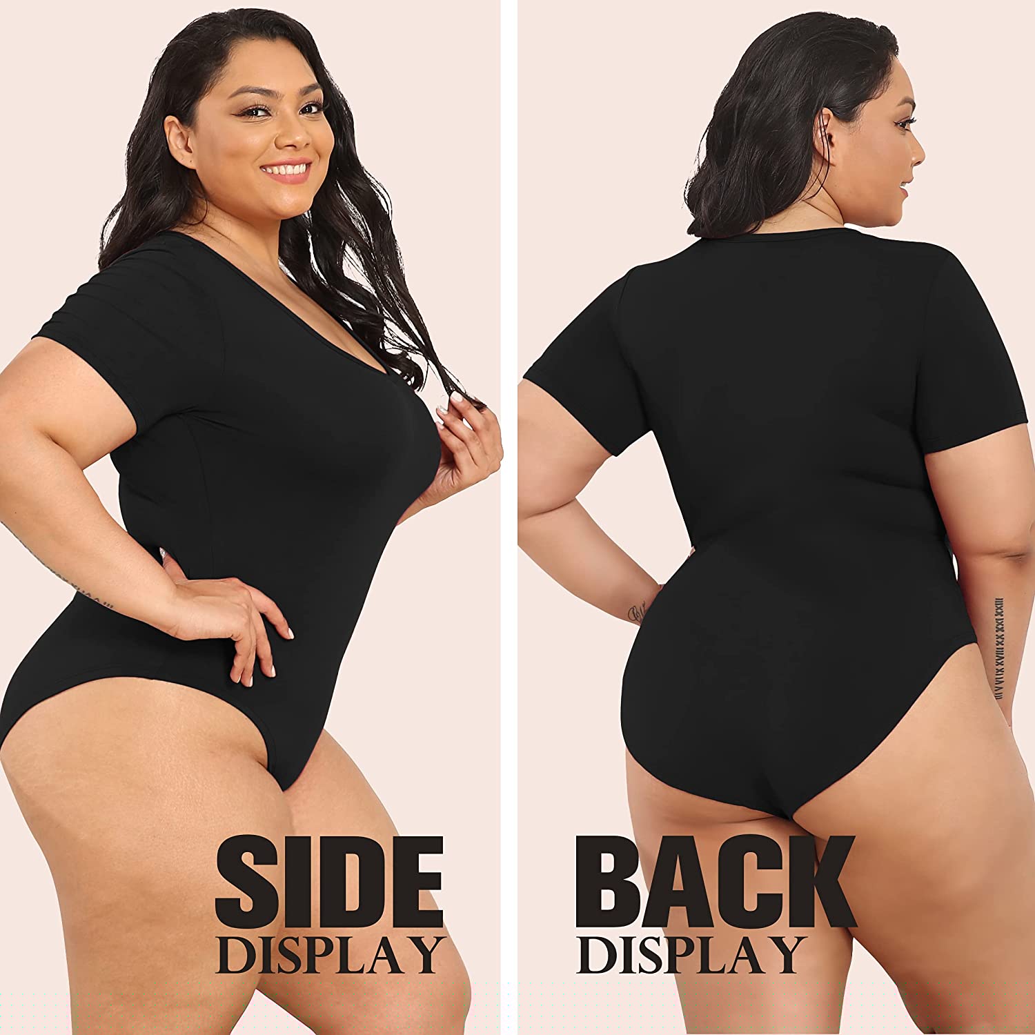 POSESHE Women's Plus Size Bodysuit V neck Short Sleeves Basic Bodysuit - POSESHE