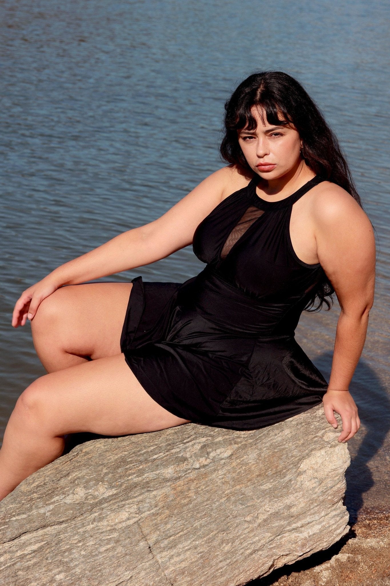 Black Mesh One-Piece Swim Dress - POSESHE