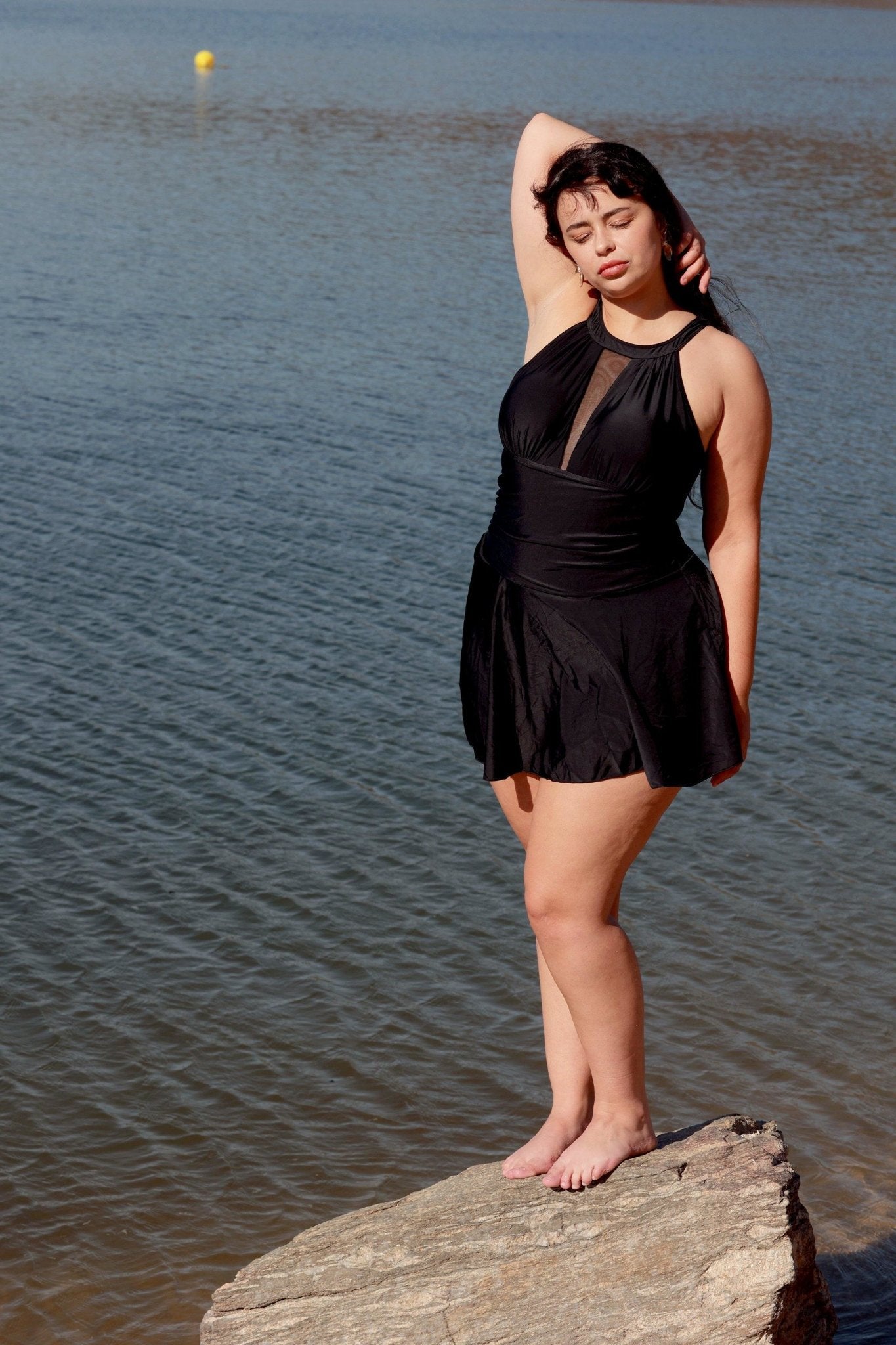Black Mesh One-Piece Swim Dress - POSESHE