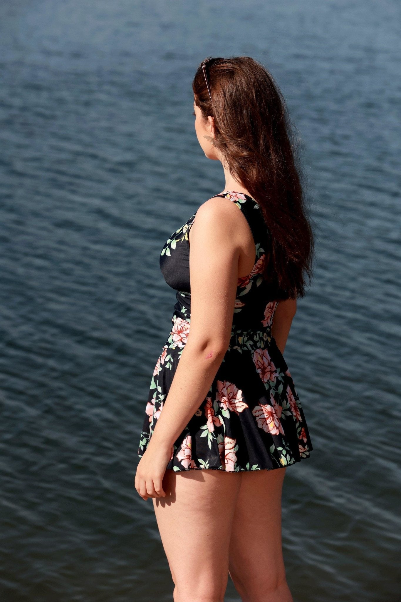 Black Peony V-neck Swim One-Piece - POSESHE