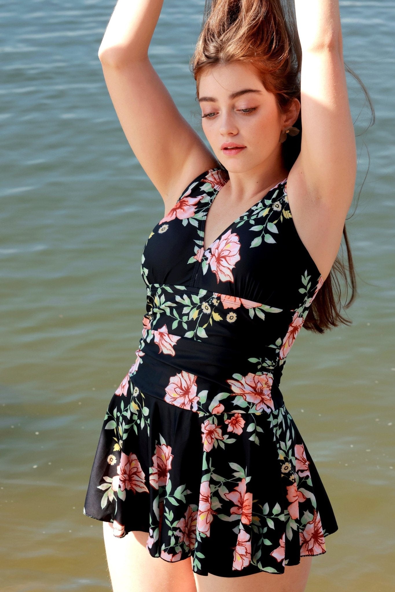 Black Peony V-neck Swim One-Piece - POSESHE