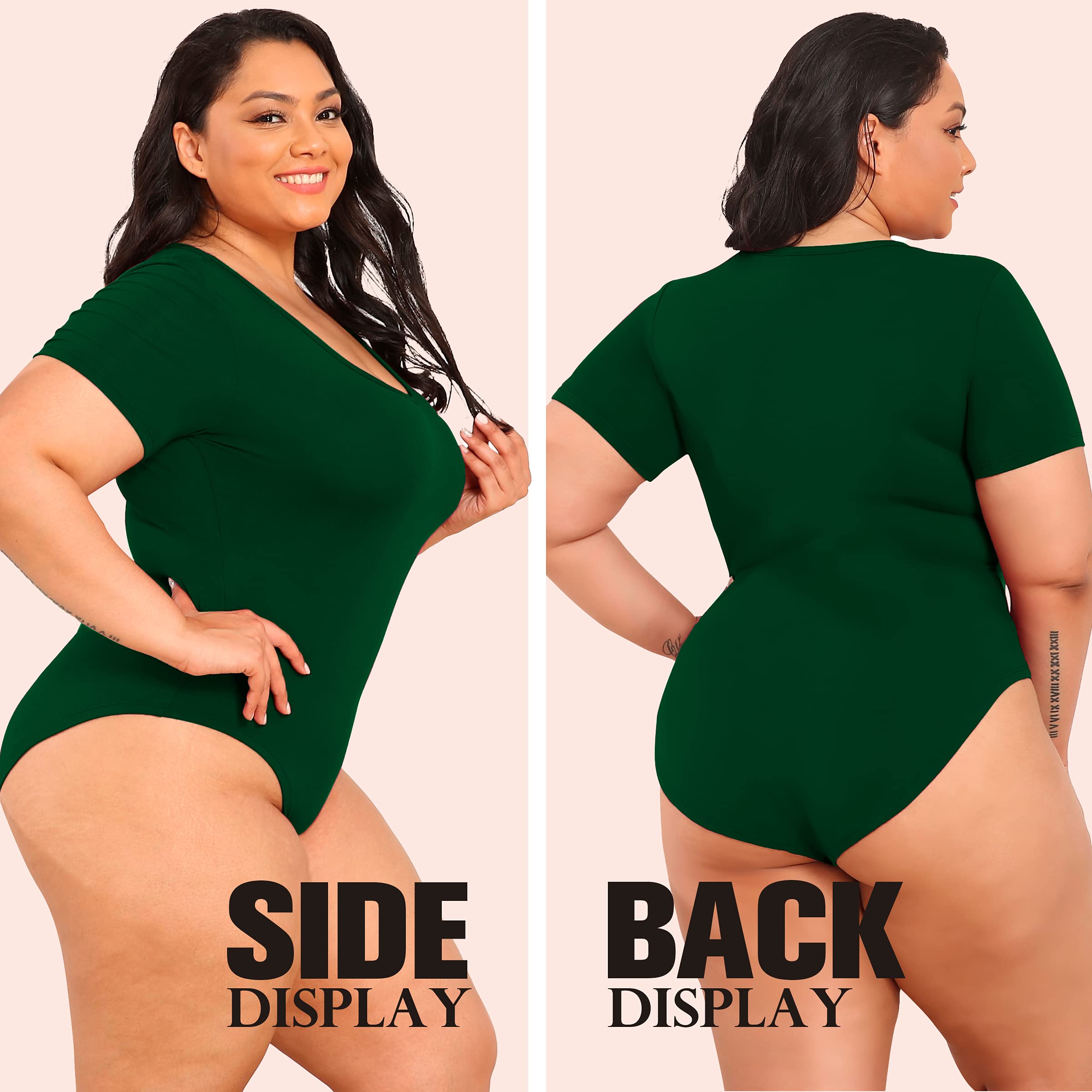 POSESHE Women's Plus Size Bodysuit V neck Short Sleeves Basic Bodysuit - POSESHE