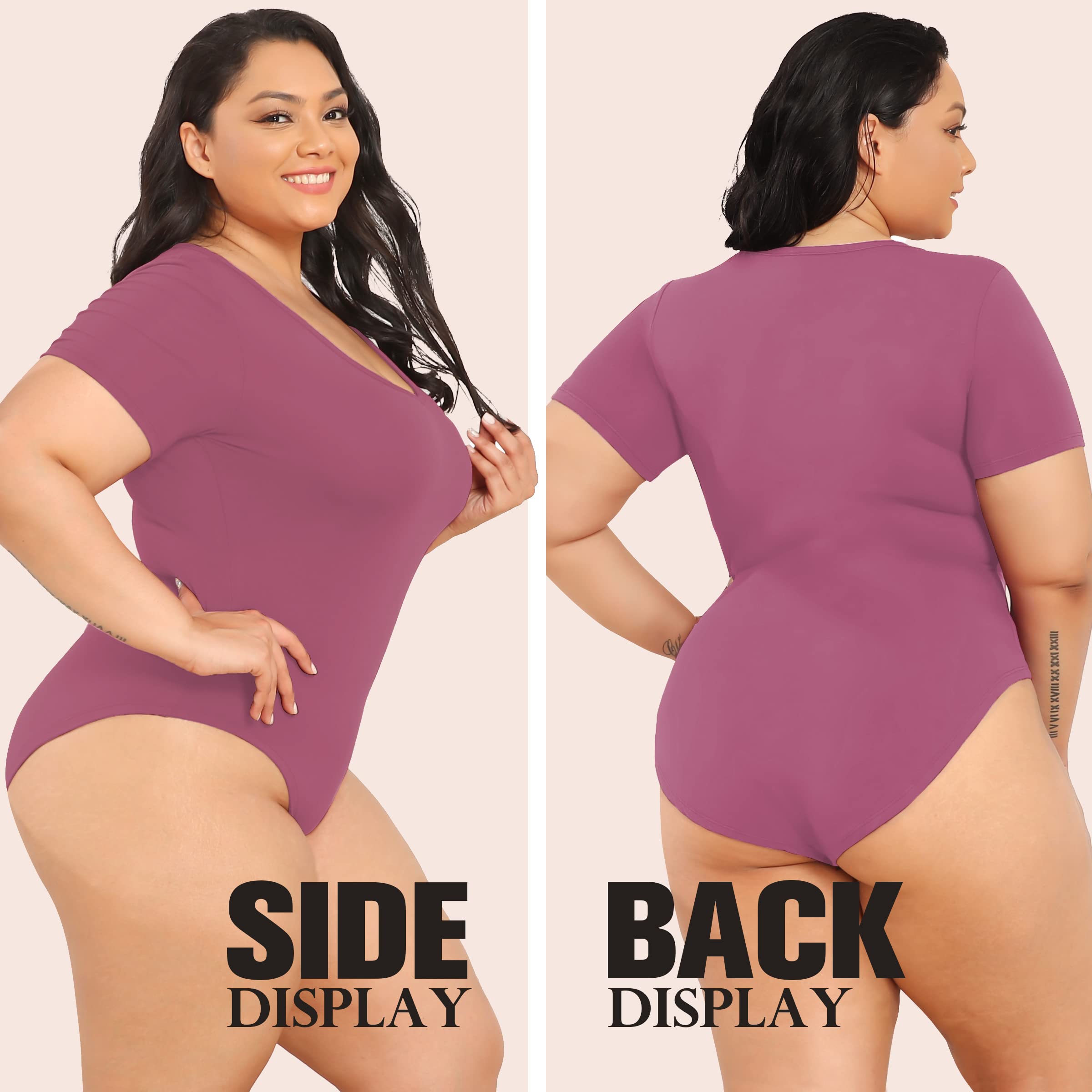 POSESHE Women's Plus Size Bodysuit V neck Short Sleeves Basic Bodysuit - POSESHE