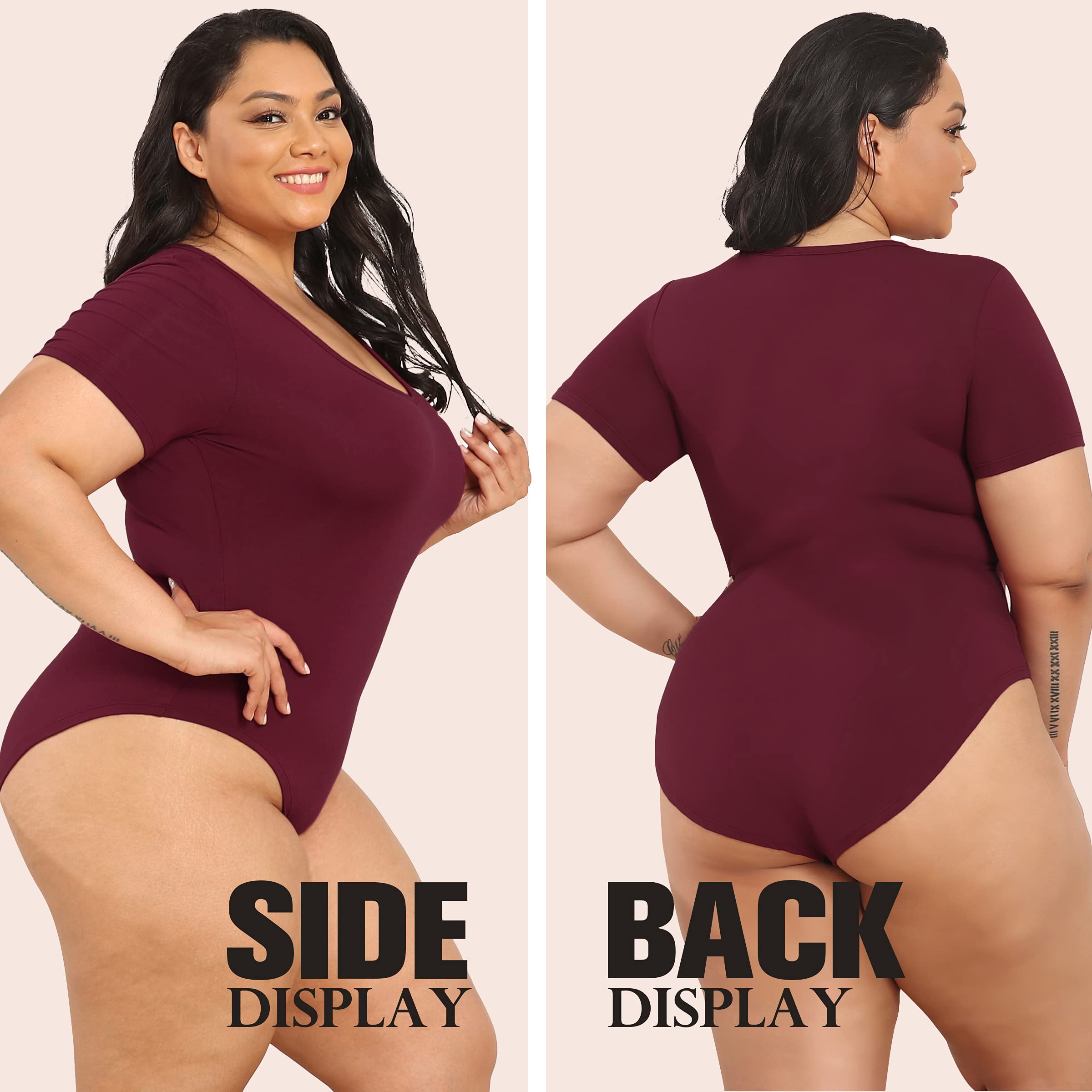 POSESHE Women's Plus Size Bodysuit V neck Short Sleeves Basic Bodysuit - POSESHE