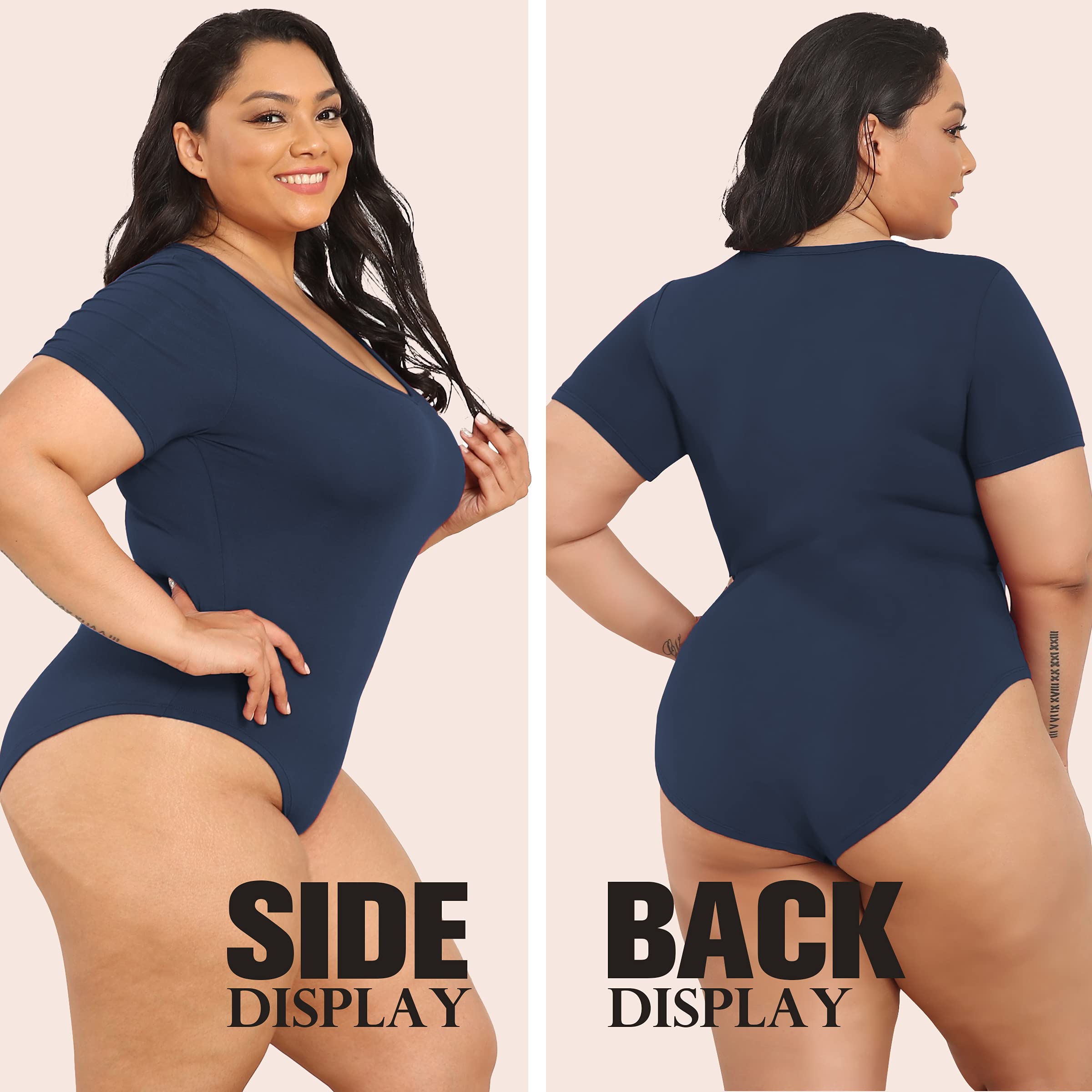 POSESHE Women's Plus Size Bodysuit V neck Short Sleeves Basic Bodysuit - POSESHE