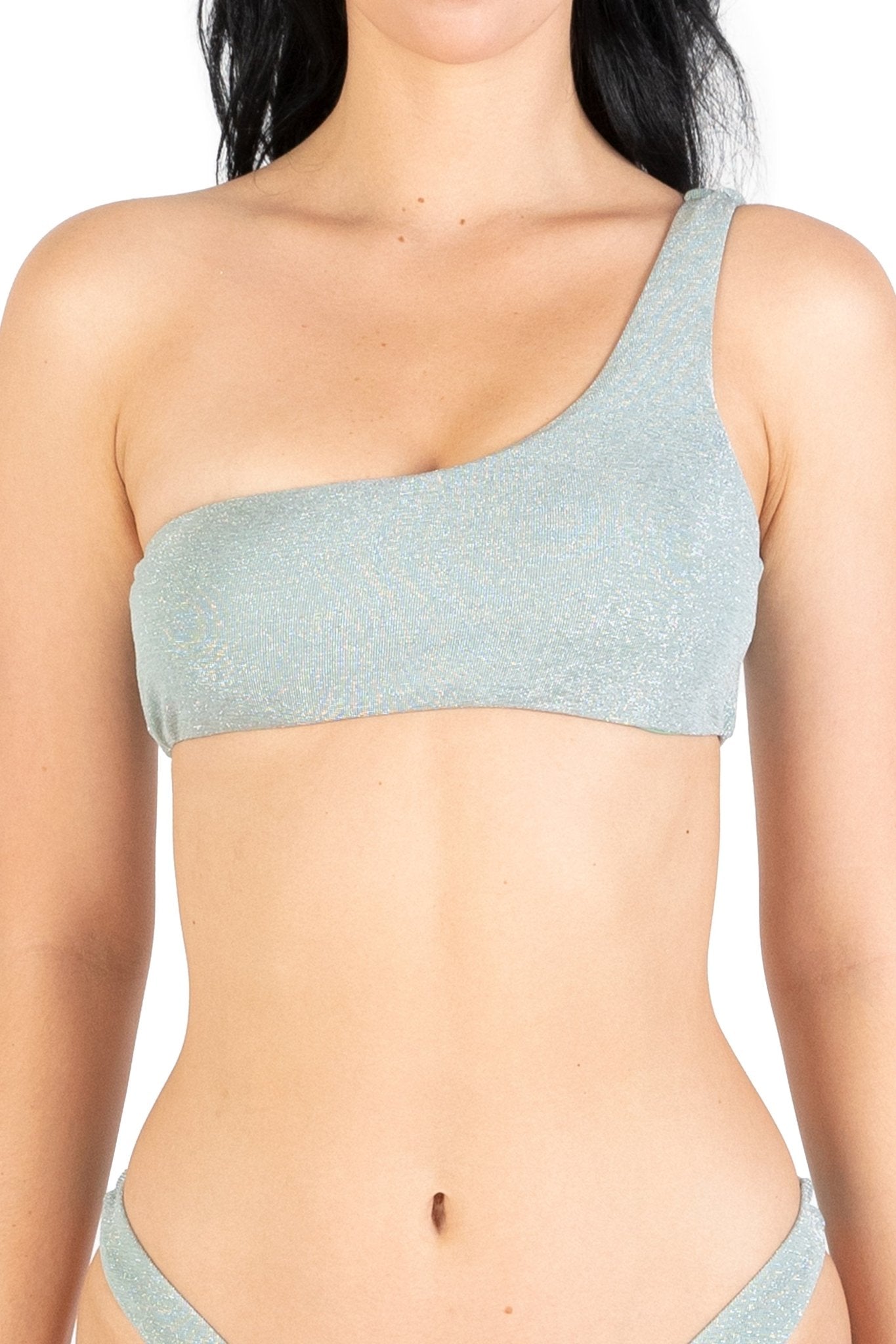 Silver Green Sparkle One Shoulder Bikini Top - POSESHE