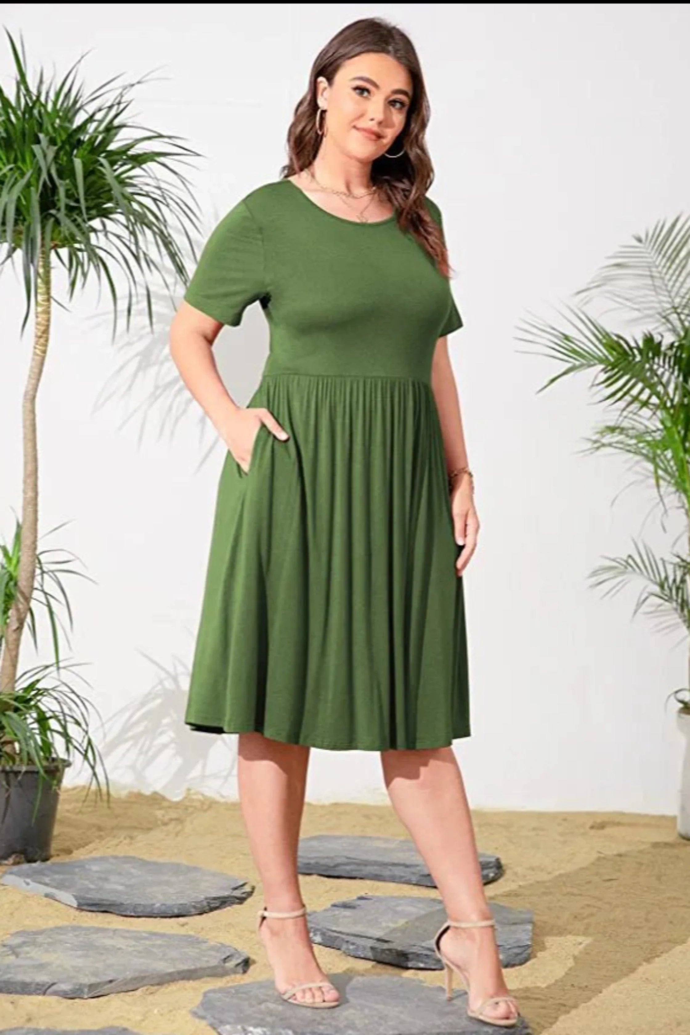 Minimalist Casual Midi Dress with Pockets, White/Green/Wine Red - POSESHE