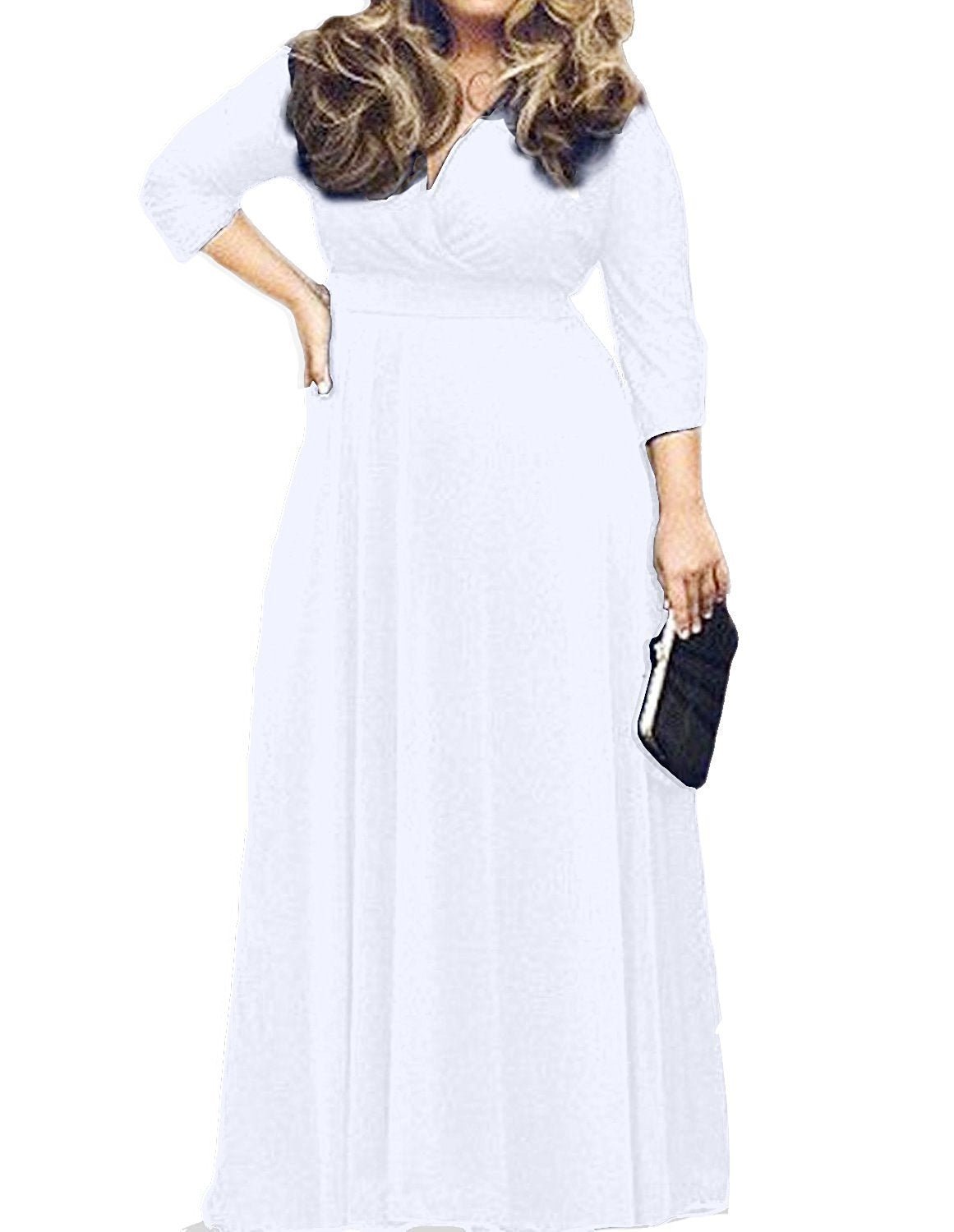 Women's Solid V-Neck 3/4 Sleeve Gowns - POSESHE