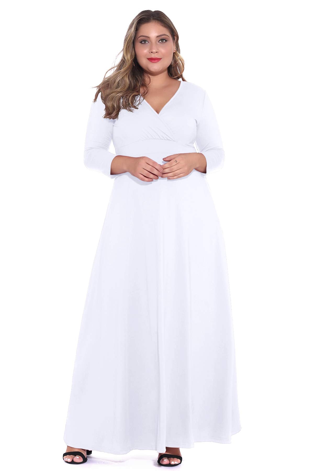 Women's Solid V-Neck 3/4 Sleeve Gowns - POSESHE