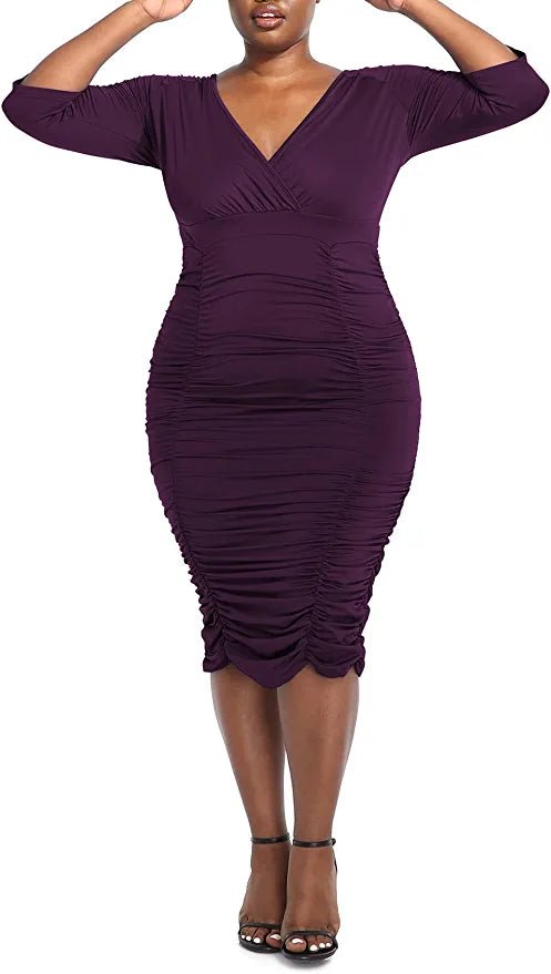 Deep V Neck Body Wrap Dress with Front Split - POSESHE