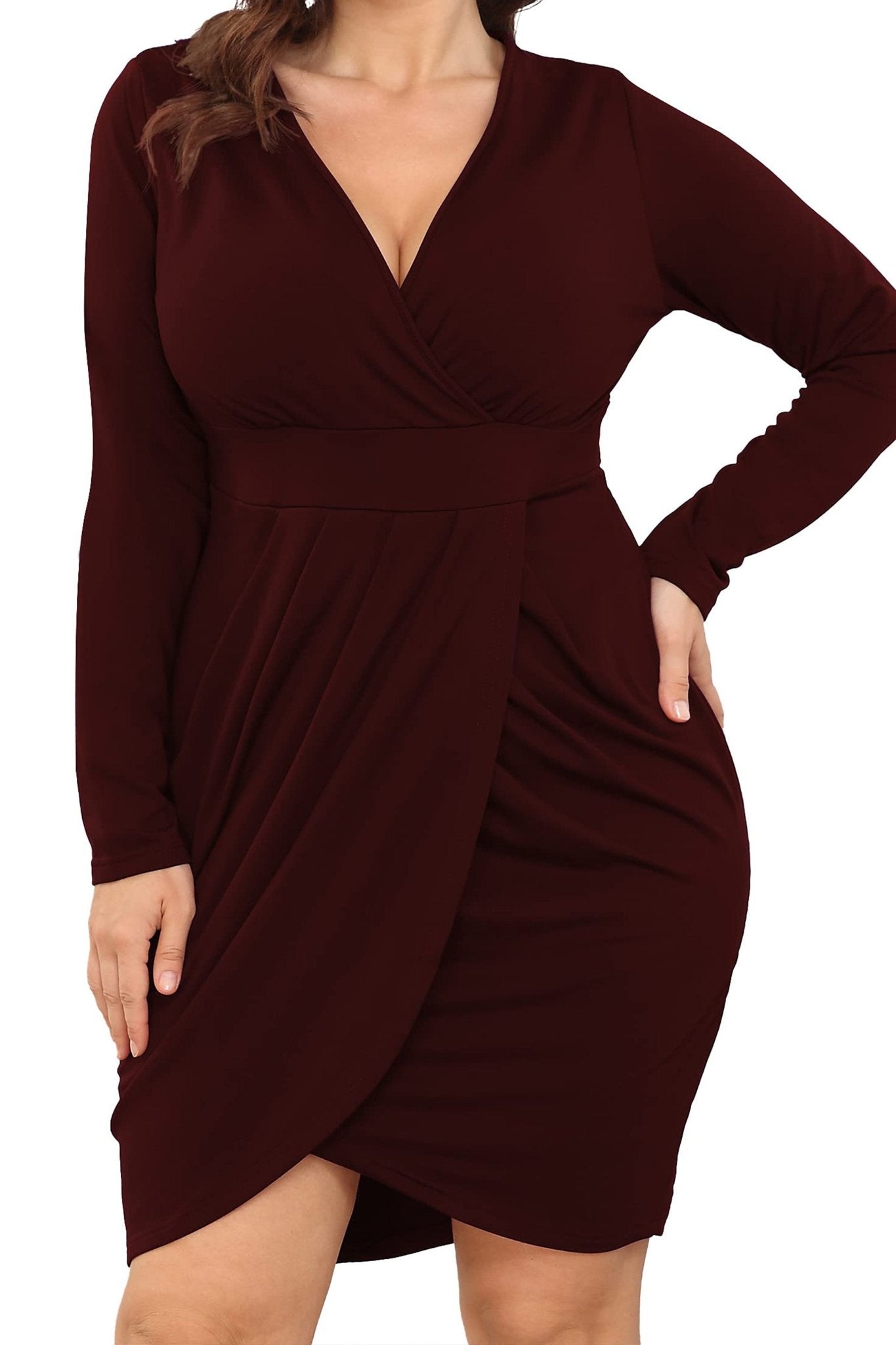 Deep V-Neck Long Sleeve Bodycon Wrap Dress with Front Slit - POSESHE