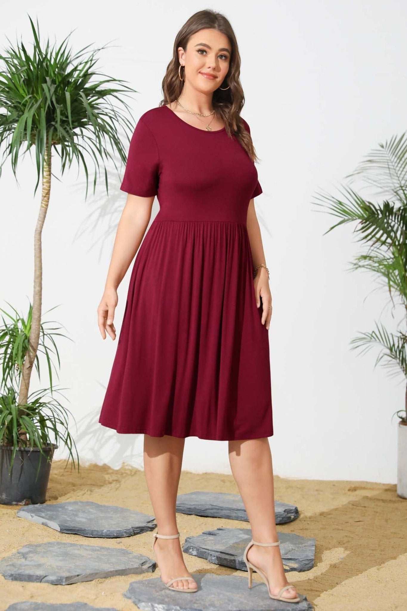 Minimalist Casual Midi Dress with Pockets, White/Green/Wine Red - POSESHE