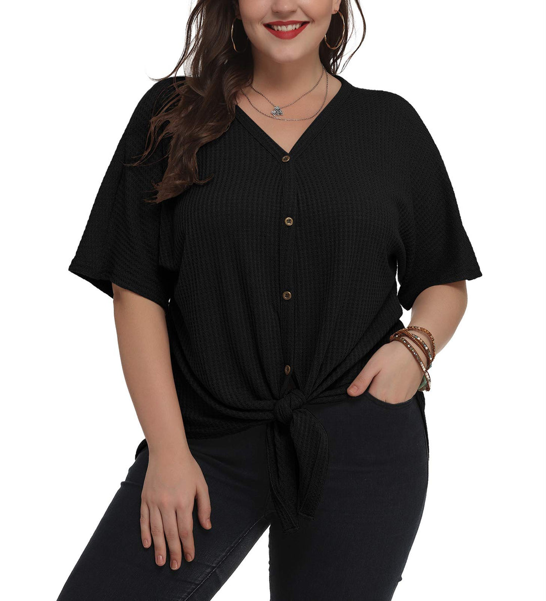 Women's Plus Size Waffle Knit Tunic Tops Loose Long Sleeve Button Up Blouse  V Neck Henley Shirts 