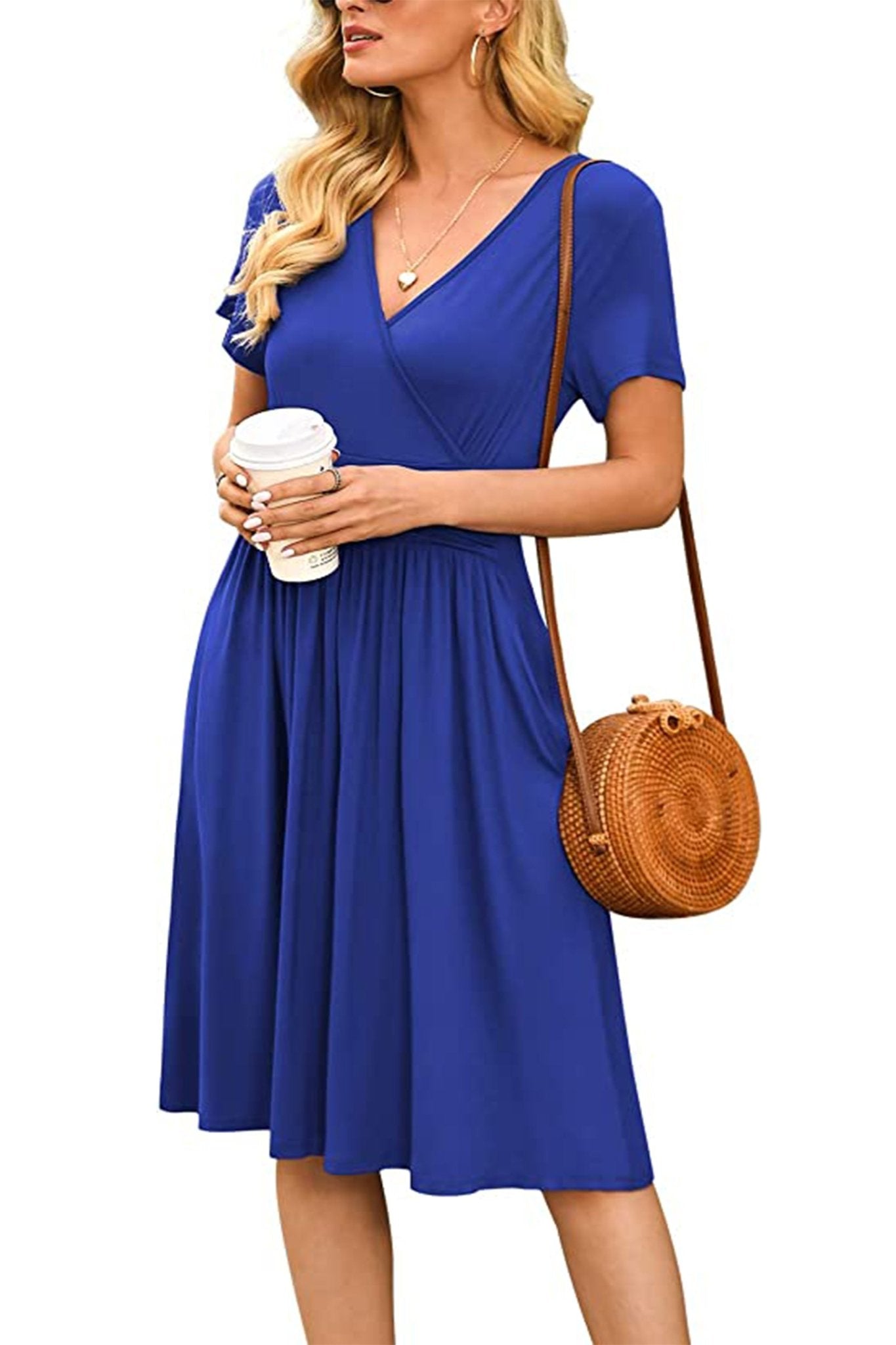 Casual Short Sleeve V-Neck Dress with Pockets, Summer Short Party Dress - POSESHE