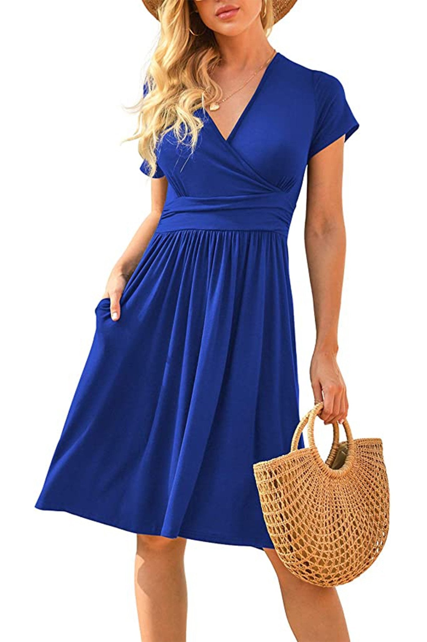 Casual Short Sleeve V-Neck Dress with Pockets, Summer Short Party Dress - POSESHE