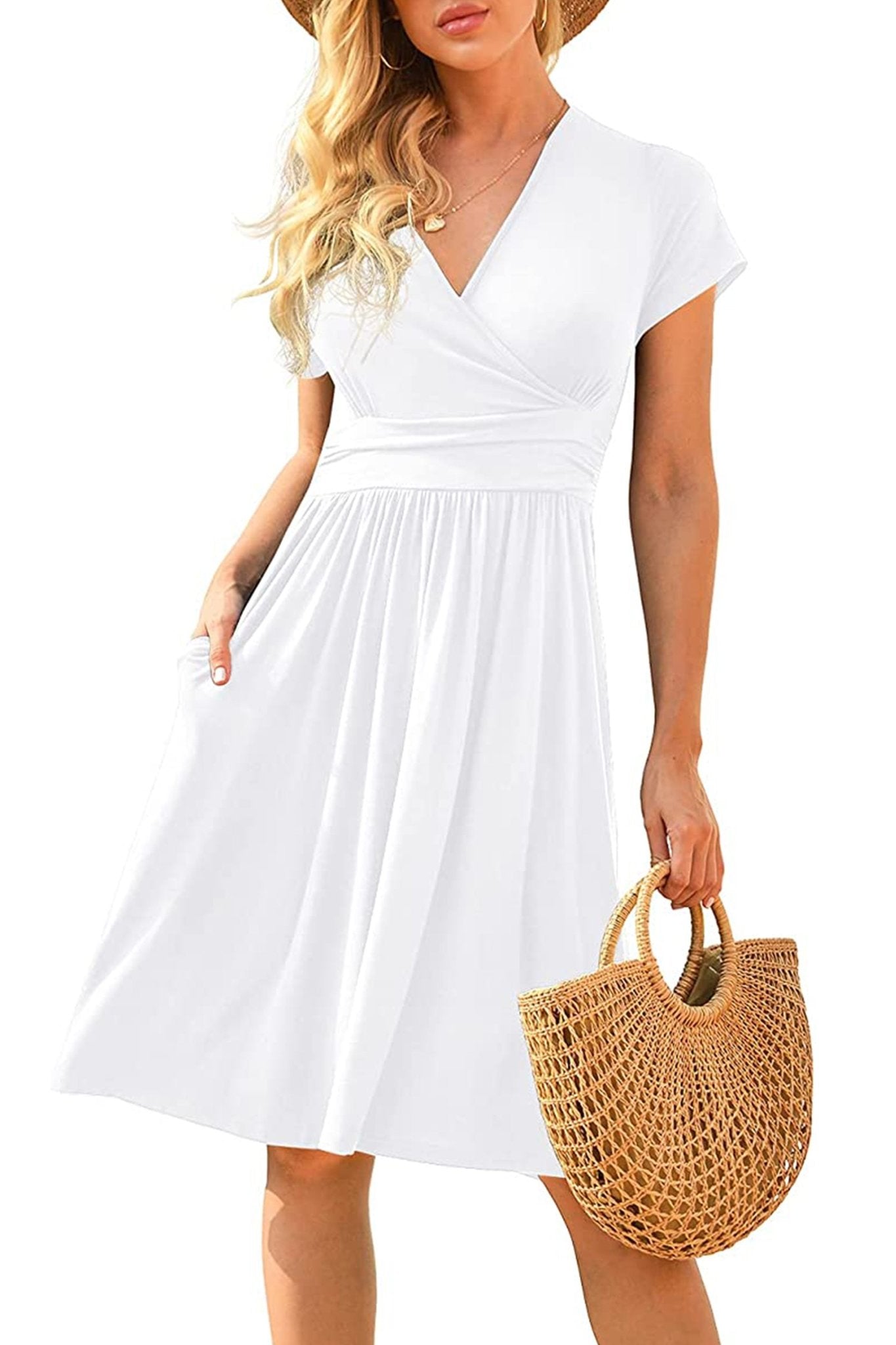 Casual Short Sleeve V-Neck Dress with Pockets, Summer Short Party Dress - POSESHE