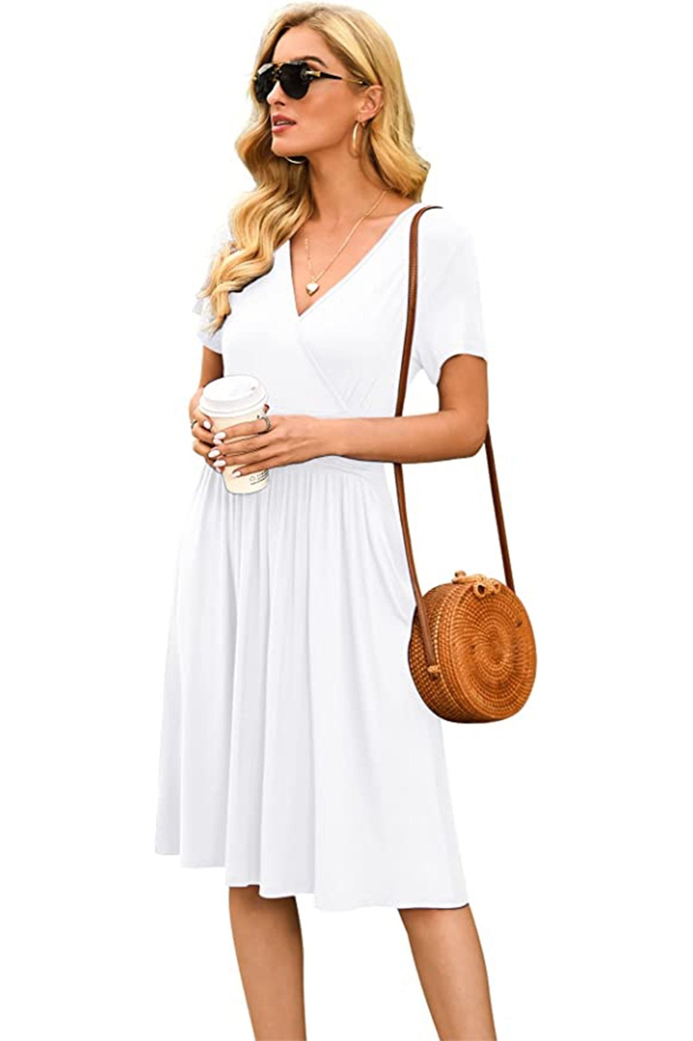 Casual Short Sleeve V-Neck Dress with Pockets, Summer Short Party Dress - POSESHE