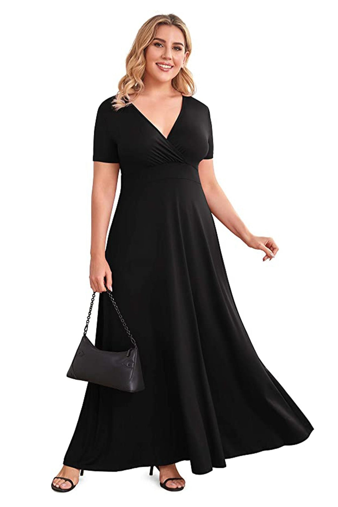 POSESHE Women Plus Size Dress V Neck Short Sleeve Summer Casual Swing Short  Loose Flowy Dress Black Large : : Clothing, Shoes & Accessories