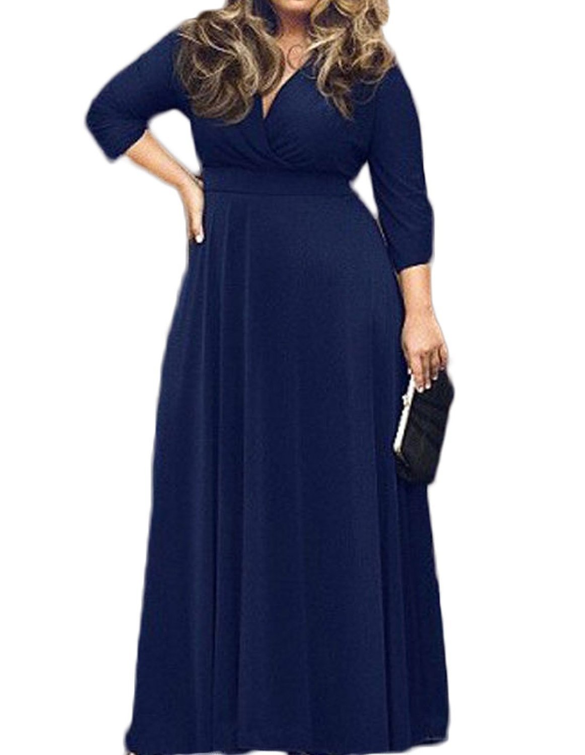 Women's Solid V-Neck 3/4 Sleeve Gowns - POSESHE