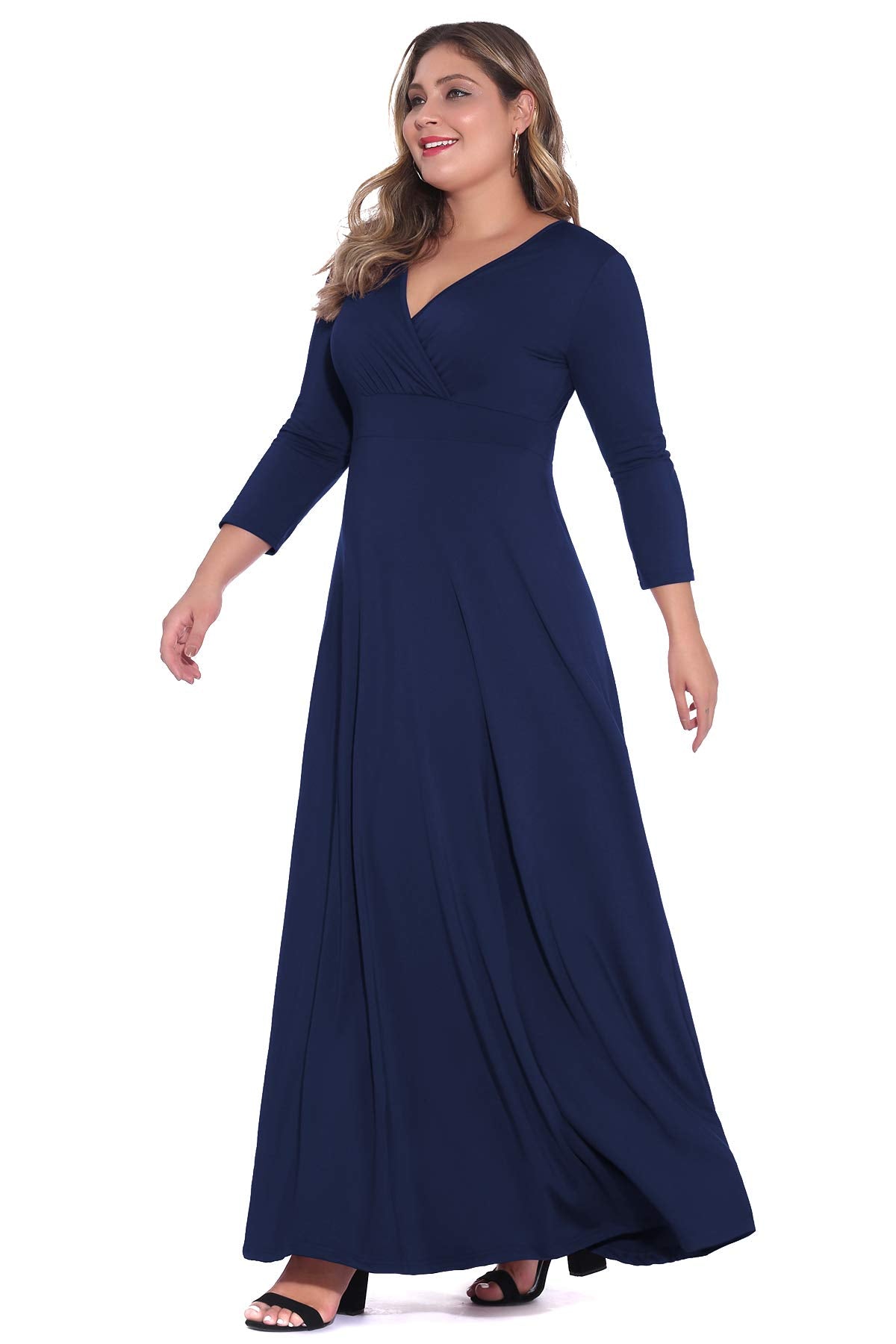 Women's Solid V-Neck 3/4 Sleeve Gowns - POSESHE