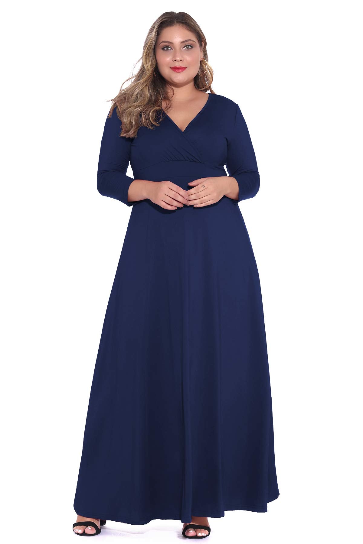 Women's Solid V-Neck 3/4 Sleeve Gowns - POSESHE