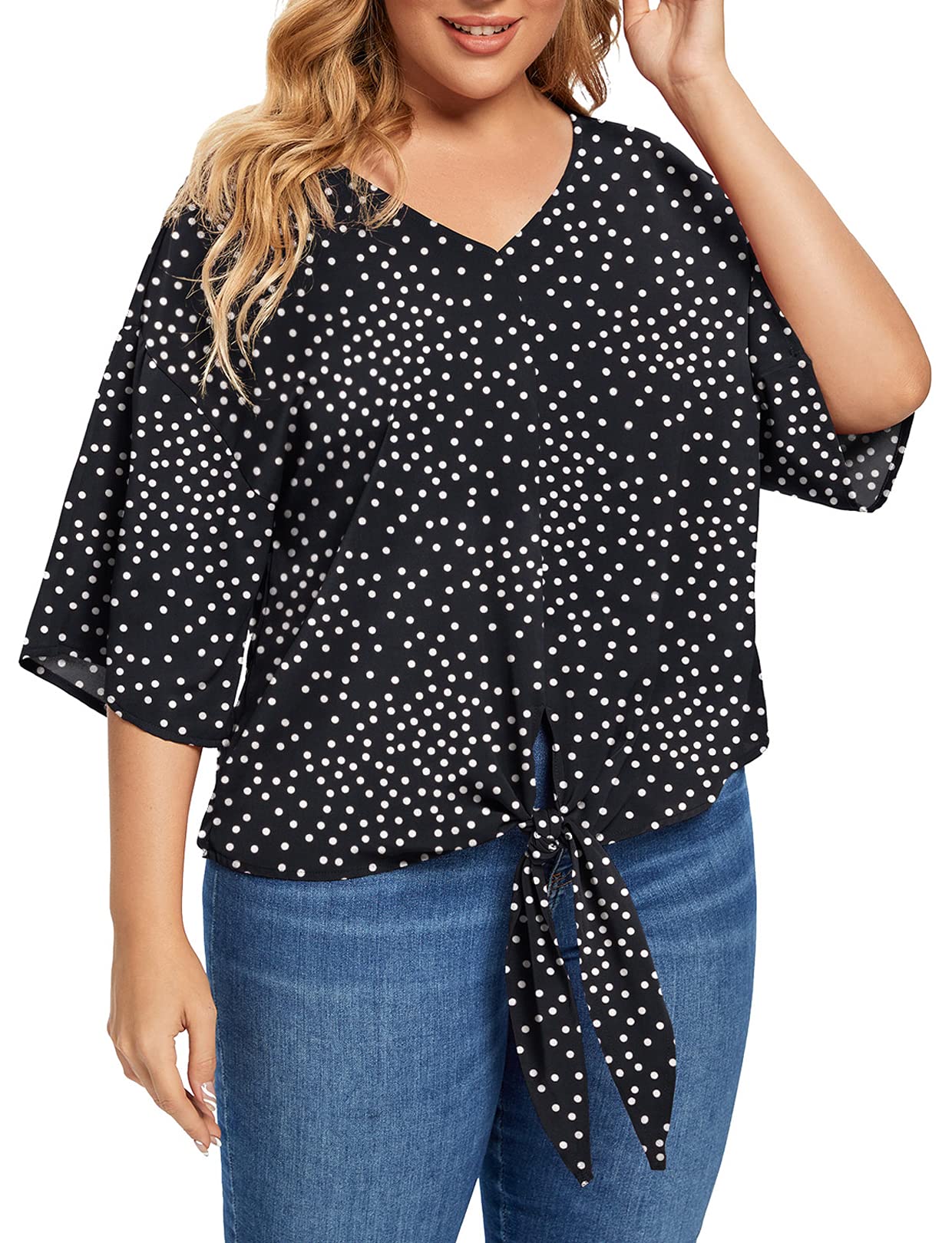 V Neck Floral Tie Front Chiffon Tops