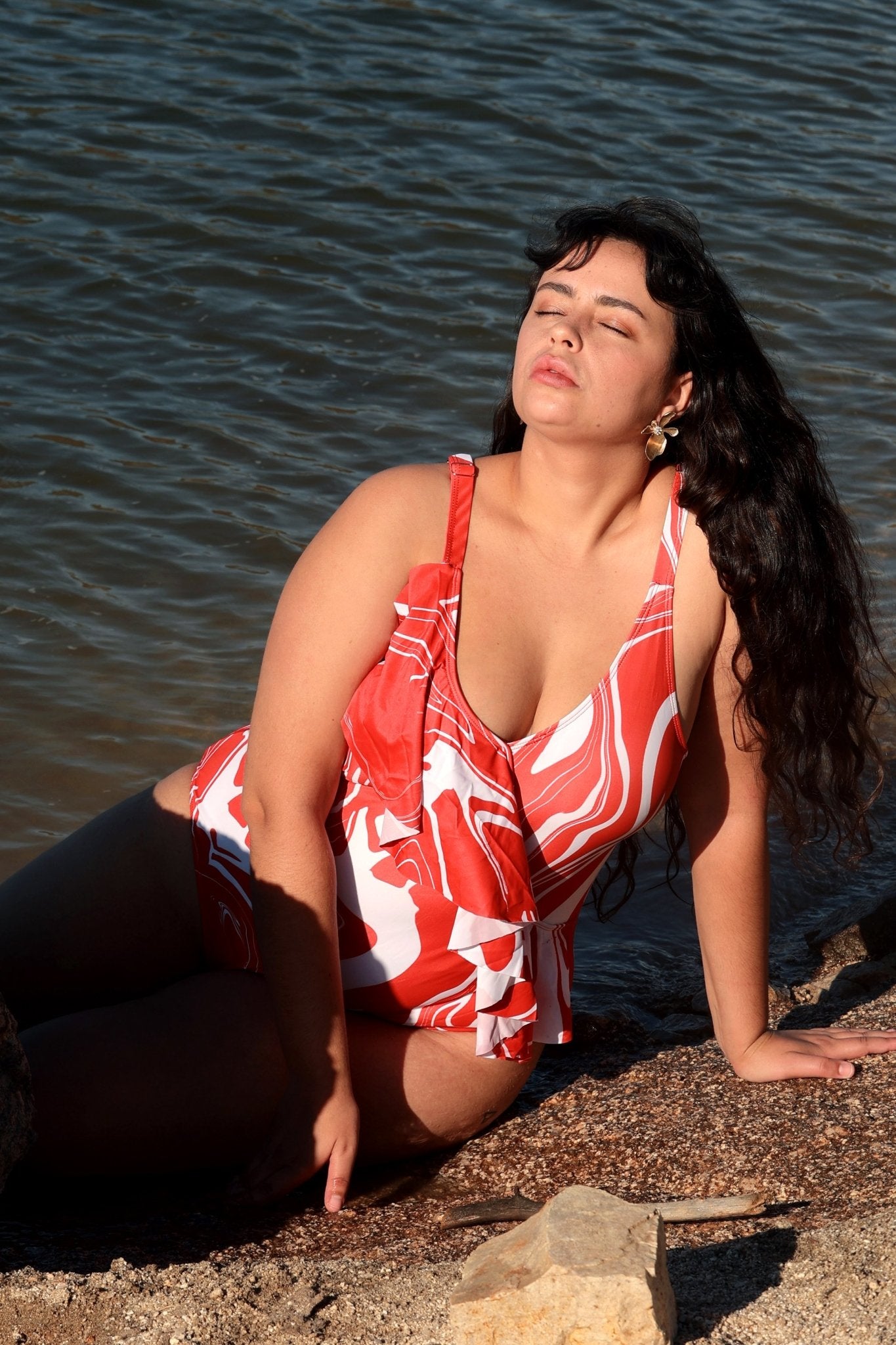 Red Flame of Sea Ruffles One-Piece Swimsuit - POSESHE