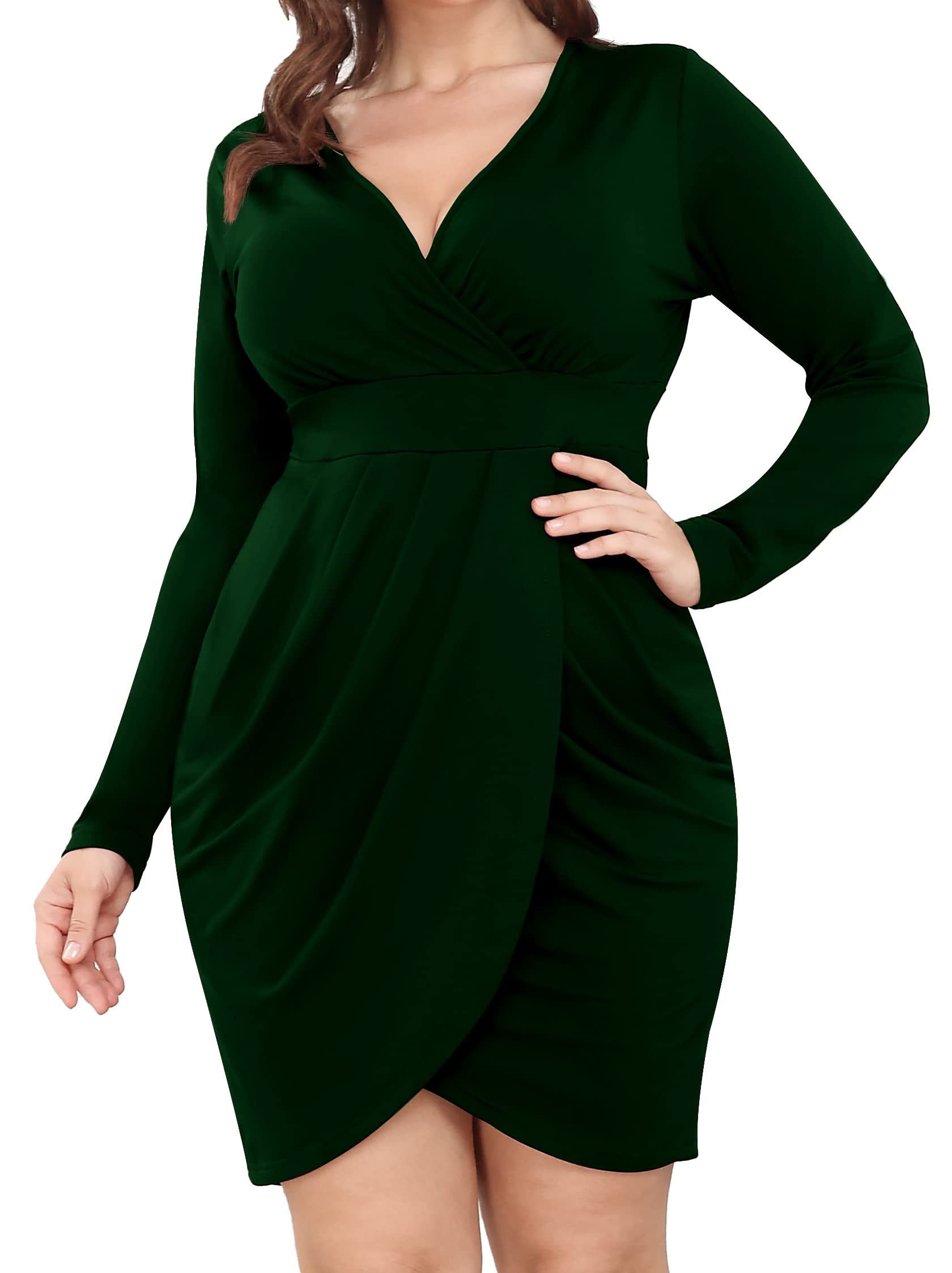 Deep V-Neck Long Sleeve Bodycon Wrap Dress with Front Slit - POSESHE